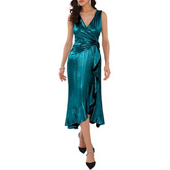 Women's Glitter Metallic Dresses Ruffled Wrap Tie Waist Cocktail Party Midi Dress