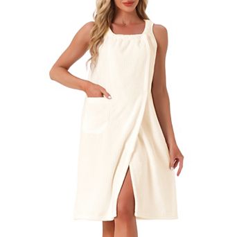 Women's Bath Robe Sleeveless Soft Lightweight Bathrobes Cute Knee Length Robe with Pockets