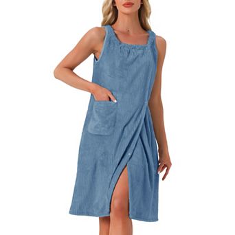Women's Bath Robe Sleeveless Soft Lightweight Bathrobes Cute Knee Length Robe with Pockets