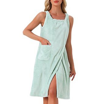 Women's Bath Robe Sleeveless Soft Lightweight Bathrobes Cute Knee Length Robe with Pockets