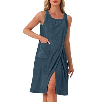 Women's Bath Robe Sleeveless Soft Lightweight Bathrobes Cute Knee Length Robe with Pocket