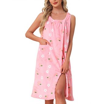 Women's Bath Robe Sleeveless Soft Lightweight Bathrobes Cute Knee Length Robe with Pocket