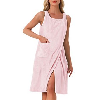 Women's Bath Robe Sleeveless Soft Lightweight Bathrobes Cute Knee Length Robe with Pockets