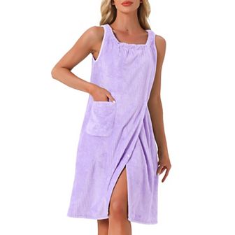Women's Bath Robe Sleeveless Soft Lightweight Bathrobes Cute Knee Length Robe with Pockets