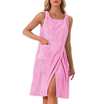 Women's Bath Robe Sleeveless Soft Lightweight Bathrobes Cute Knee Length Robe with Pocket