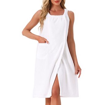 Women's Bath Robe Sleeveless Soft Lightweight Bathrobes Cute Knee Length Robe with Pockets