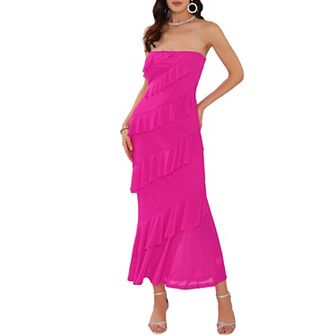 Women's Summer Cocktail Dress Tube Top Ruffled Tiered Maxi Strapless Dresses