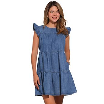 Denim Dress for Women's Casual Cap Sleeves Tiered Mini Dress
