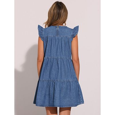 Denim Dress for Women's Casual Cap Sleeves Tiered Mini Dress