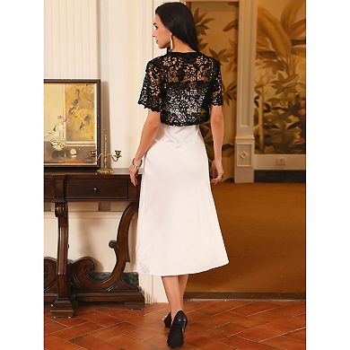 Women's Satin Shrug Short Sleeves Cocktail Elegant Cropped Lace Cardigan