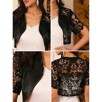 Women's Satin Shrug Short Sleeves Cocktail Elegant Cropped Lace Cardigan