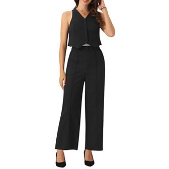 Two Piece Outfits for Women's Casual Sleeveless Crop Top V Neck Wide Leg Pants Sweatsuits