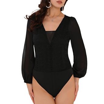 Women's Lace V Neck Chiffon Puffy Sleeve Dressy Formal Leotard Bodysuit Tops