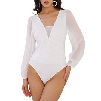 Women's Lace V Neck Chiffon Puffy Sleeve Dressy Formal Leotard Bodysuit Tops