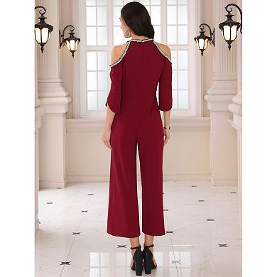 Women's Halter Jumpsuits Sequin Cold Shoulder Split Sleeve Party Cocktail Wide Leg Jumpsuits