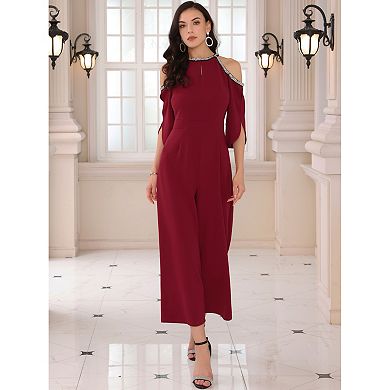 Women's Halter Jumpsuits Sequin Cold Shoulder Split Sleeve Party Cocktail Wide Leg Jumpsuits