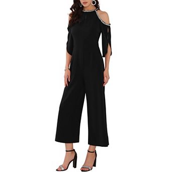 Women's Halter Jumpsuits Sequin Cold Shoulder Split Sleeve Party Cocktail Wide Leg Jumpsuits