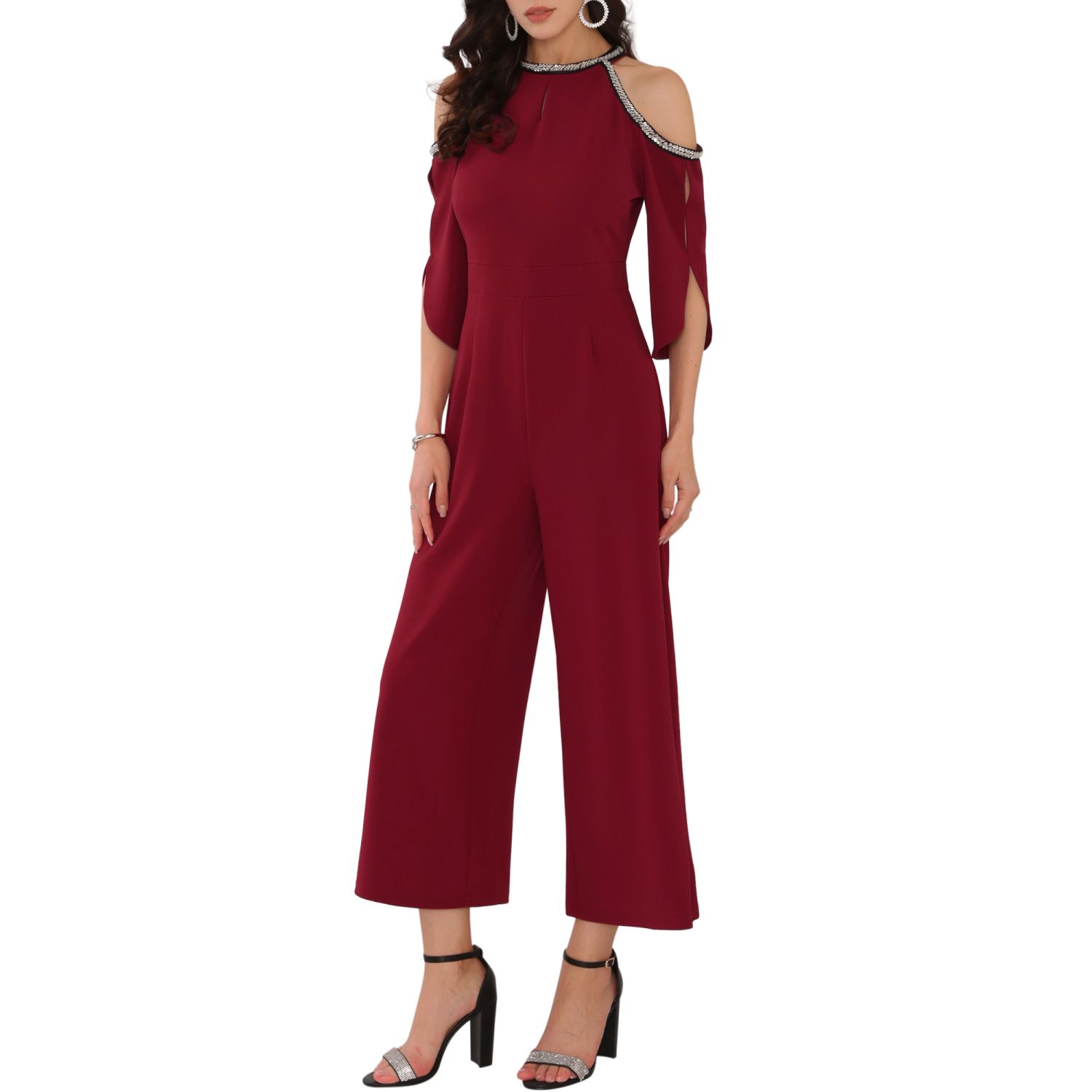 Женские комбинезоны Halter Jumpsuits Sequin Cold Shoulder Split Sleeve Party Cocktail Wide Leg Jumpsuits