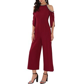 Women's Halter Jumpsuits Sequin Cold Shoulder Split Sleeve Party Cocktail Wide Leg Jumpsuits