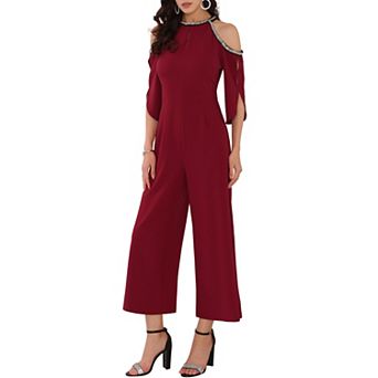 Women's Halter Jumpsuits Sequin Cold Shoulder Split Sleeve Party Cocktail Wide Leg Jumpsuits