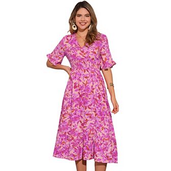 Floral Dress for Women's Casual Ruffled Hem Wrap Short Sleeve Midi Dress
