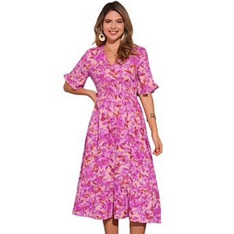Floral Dress for Women's Casual Ruffled Hem Wrap Short Sleeve Midi Dress