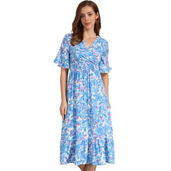 Floral Dress for Women's Casual Ruffled Hem Wrap Short Sleeve Midi Dress