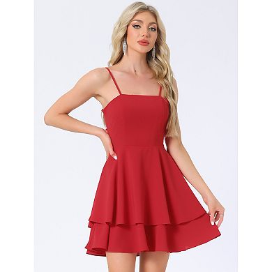 Spaghetti Straps Dress for Women's Backless Bow Tiered Ruffle A-Line Mini Party Dresses