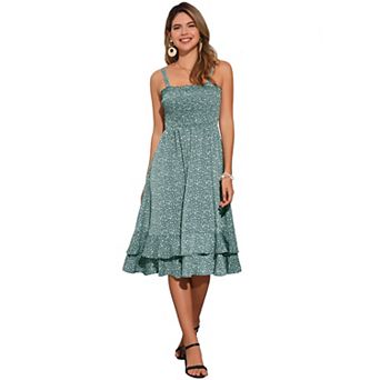 Floral Dress for Women's Casual Spaghetti Strap Ruffled Midi Dress