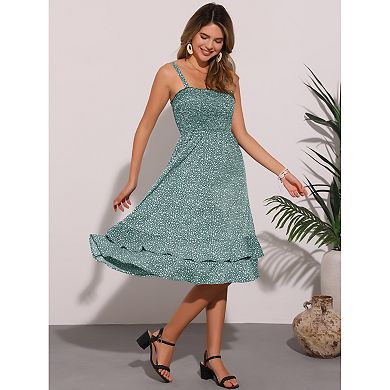 Floral Dress for Women's Casual Spaghetti Strap Ruffled Midi Dress