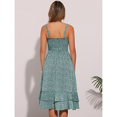Floral Dress for Women's Casual Spaghetti Strap Ruffled Midi Dress
