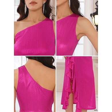 Women's One Shoulder Dress Sparkly Ruched Ruffle Bodycon Cocktail Dress