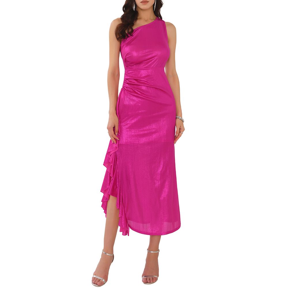 One Shoulder Midi Dress with Ruched Detail - Cocktail Chic