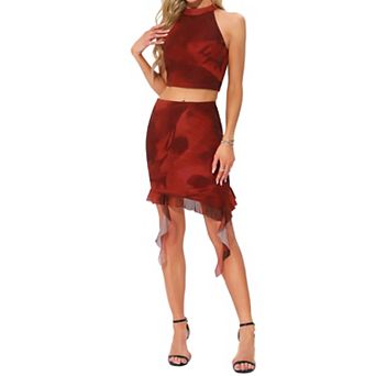 Party Dresses Set for Women's Club Halter Neck Top Ruffled Mini Skirt