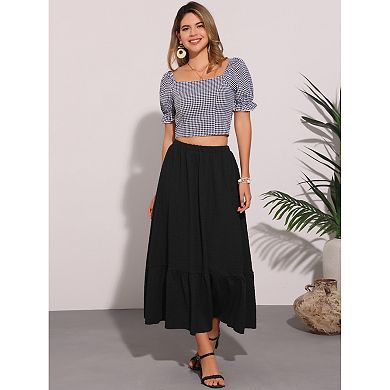 Summer A-Line Skirt for Women's Elastic High Waist Solid Flowy Casual Midi Skirts