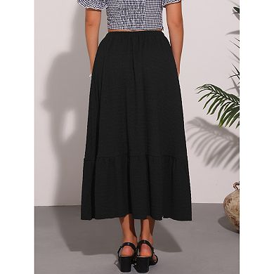 Summer A-Line Skirt for Women's Elastic High Waist Solid Flowy Casual Midi Skirts