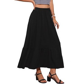 Summer A-Line Skirt for Women's Elastic High Waist Solid Flowy Casual Midi Skirts