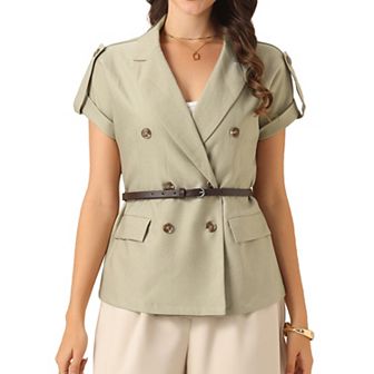 Casual Work Blazer for Women's Summer Short Sleeve Double Breasted Blazer Jacket with Belt