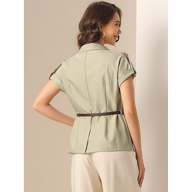 Casual Work Blazer for Women's Summer Short Sleeve Double Breasted Blazer Jacket with Belt
