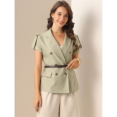 Casual Work Blazer for Women's Summer Short Sleeve Double Breasted Blazer Jacket with Belt