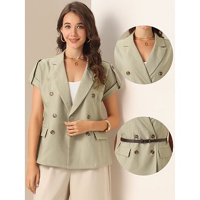 Casual Work Blazer for Women's Summer Short Sleeve Double Breasted Blazer Jacket with Belt