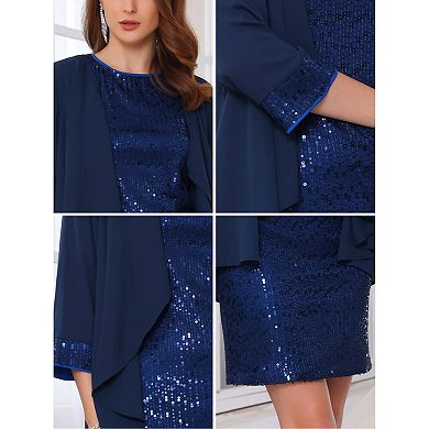 Women's Two Piece Dress Sets Wedding Guest 2 Piece Outfits Sequin Dresses and Open Front Cardigans
