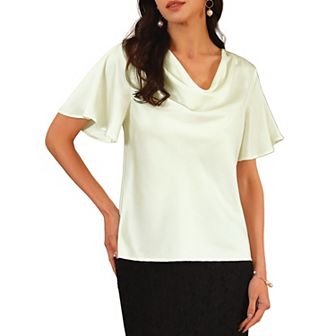 Women's Satin Cowl Neck Top Draped Short Sleeve Semi Formal Blouse Shirts