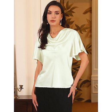 Women's Satin Cowl Neck Top Draped Short Sleeve Semi Formal Blouse Shirts