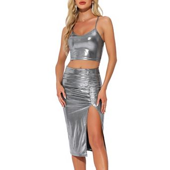 Metallic Party Skirt Set for Women's Shiny Sleeveless Camisole Top Split Skirt 2 pc Club Outfits