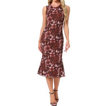 Mesh Floral Dress for Women's Sleeveless Crew Neck Cocktail Party Midi Dresses