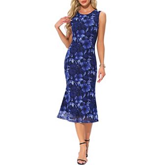 Mesh Floral Dress for Women's Sleeveless Crew Neck Cocktail Party Midi Dresses