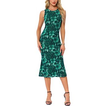 Mesh Floral Dress for Women's Sleeveless Crew Neck Cocktail Party Midi Dresses