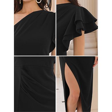 Women's Ruffle Sleeve Dresses Split Hem One Shoulder Cocktail Midi Dress