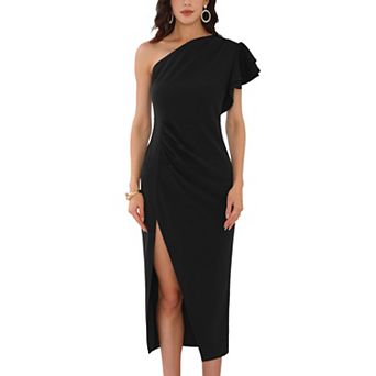 Women's Ruffle Sleeve Dresses Split Hem One Shoulder Cocktail Midi Dress
